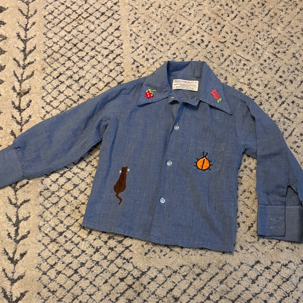 Vintage Sears Perma Prest size 4 Blue Embroidered Children's Shirt 1970s 70s y2K
